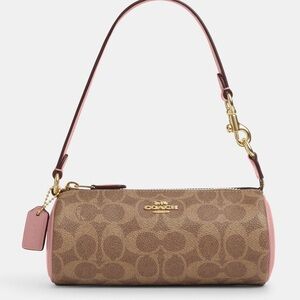 Coach Brown Signature Canvas Mini Barrel Bag with Pink Trim